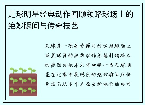 足球明星经典动作回顾领略球场上的绝妙瞬间与传奇技艺